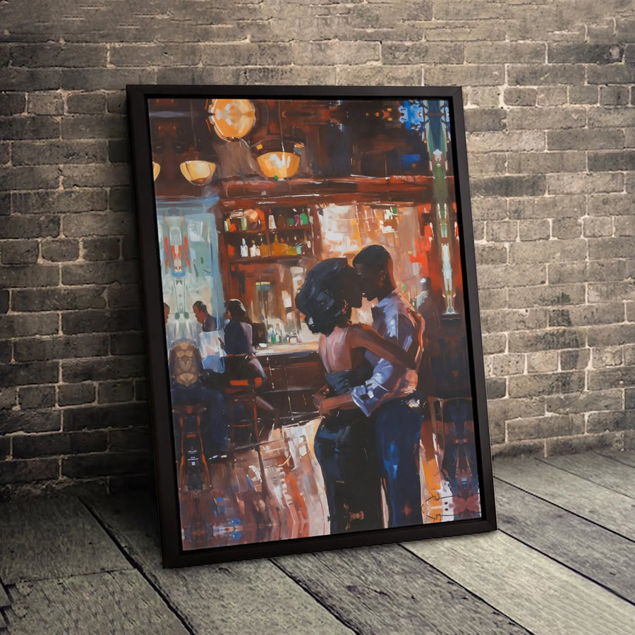 Romantic Black Couple Canvas Print | Impressionist Bar Dance Scene | Premium 1.25-Inch Thick Gallery Wrap | Modern Home Decor Wall Art