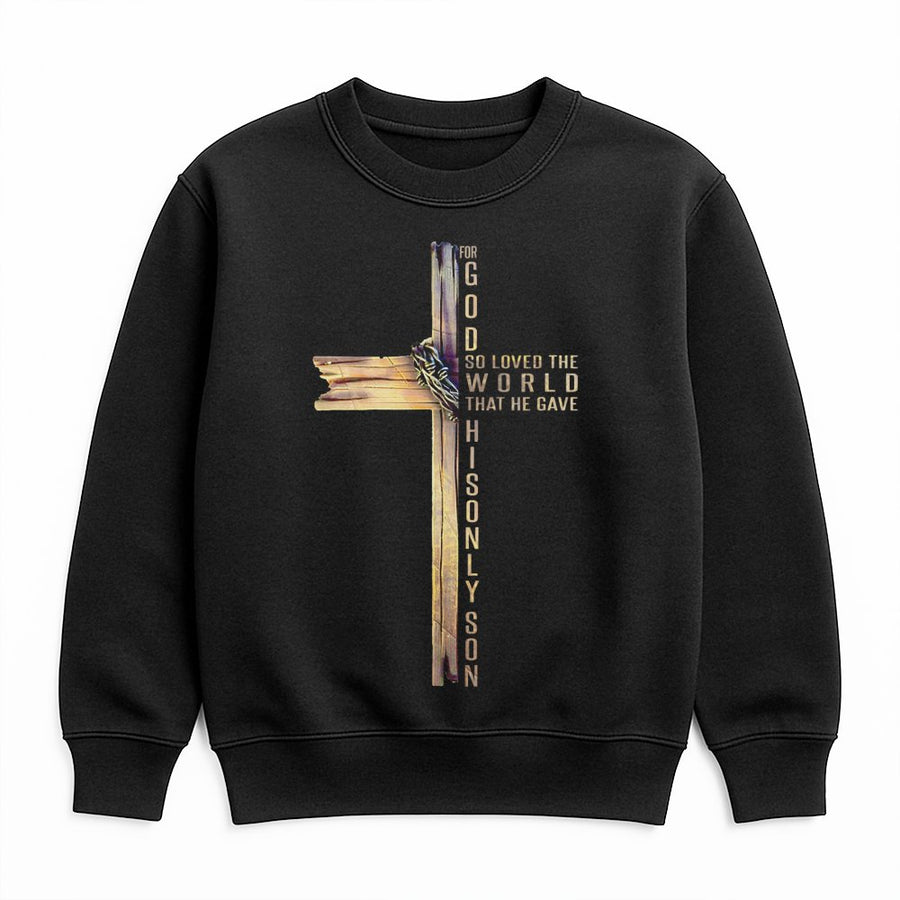 For God So Loved The World Cross Sweatshirt | John 3:16 Bible Verse Graphic | Premium Cotton Blend | Christian Gift for Men and Women
