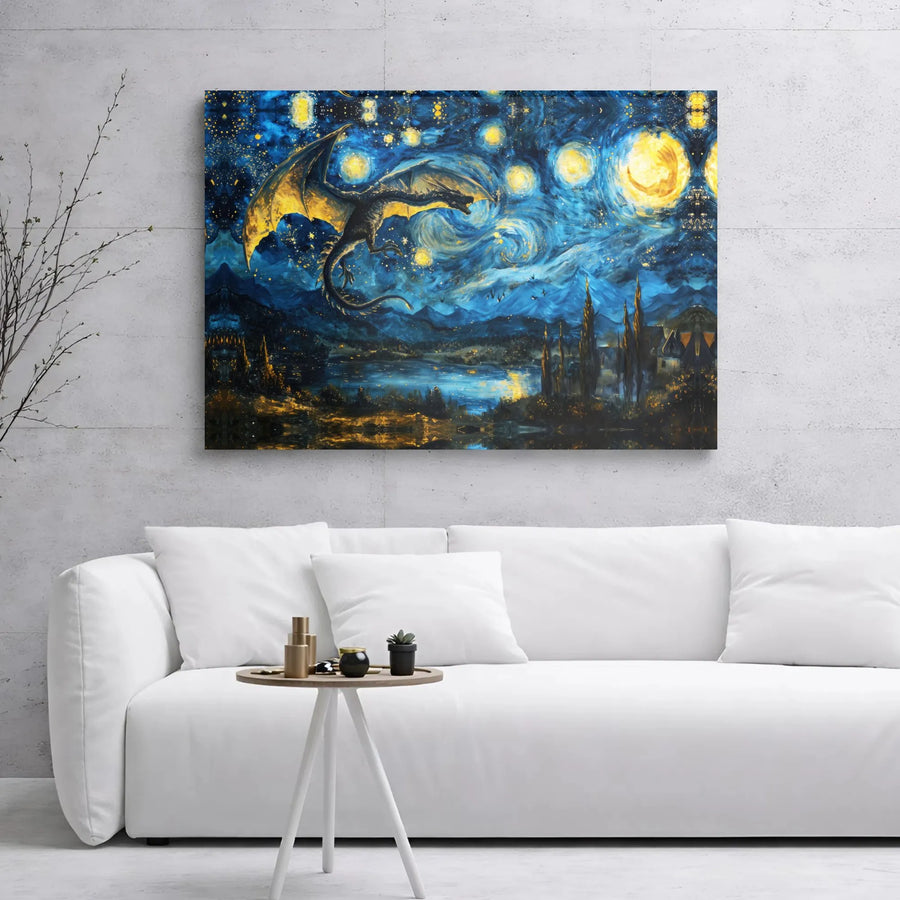 Dragon Wall Art Canvas | Starry Night Impressionist Fantasy Landscape | 1.25-Inch Gallery Wrap Premium Print | Magical Gift for Fantasy Lovers