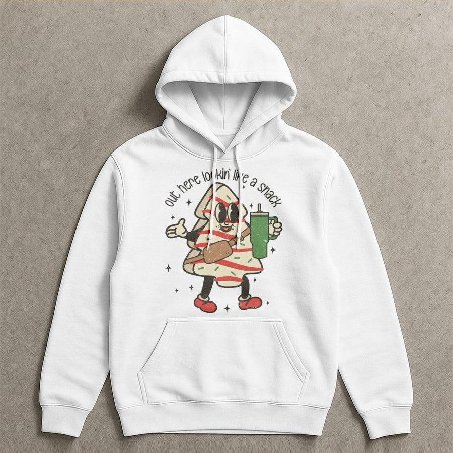 Christmas Tree Cake Hoodie | Retro Snack Graphic Sweatshirt | Premium Cotton Blend | Funny Holiday Gift for Women and Teens
