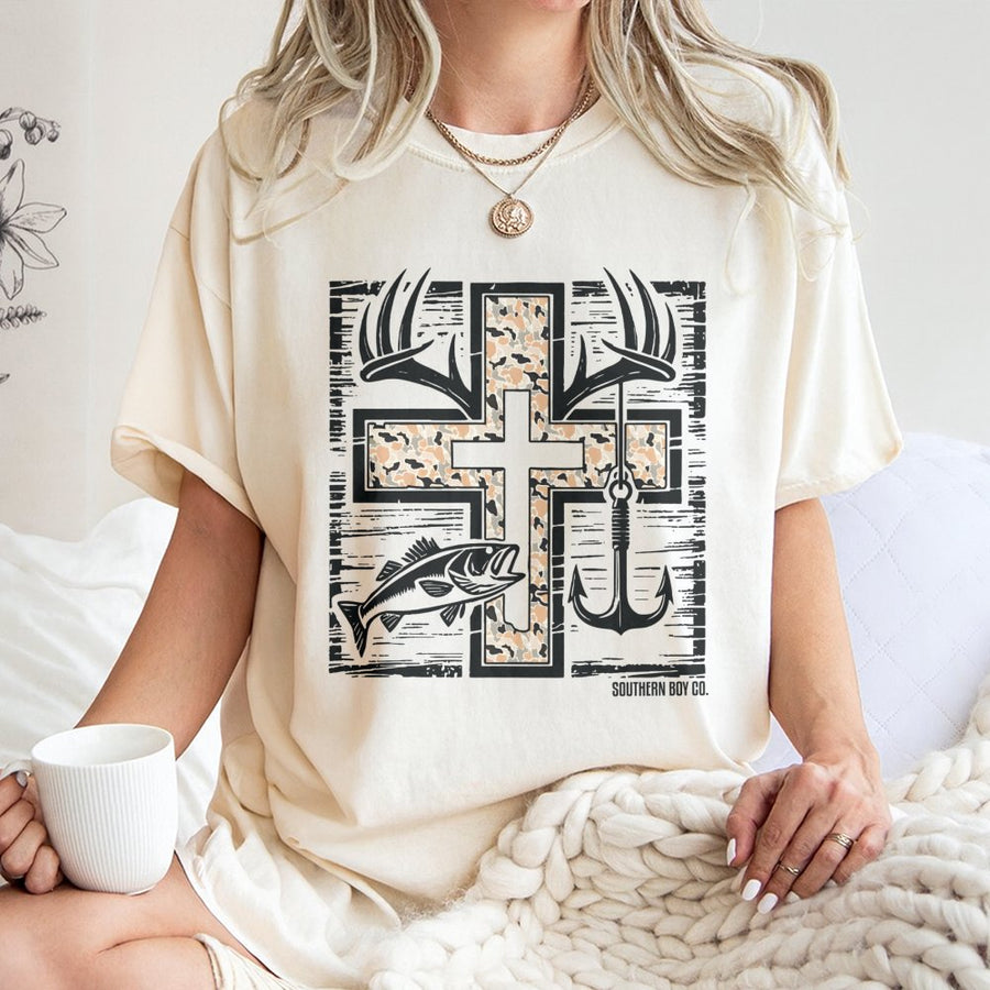 Fishing Hunting Cross T-Shirt | Camo Antler Fish Hook Graphic | 100% Cotton Premium Tee | Christian Outdoorsman Gift For Men And Women