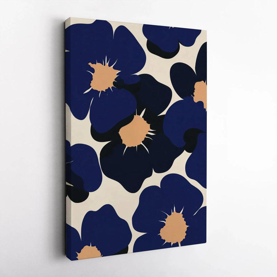 Modern Floral Vertical Canvas | Abstract Navy Blue Flower Pattern | Premium Gallery Wrapped Print | Contemporary Living Room & Office Wall Decor Gift