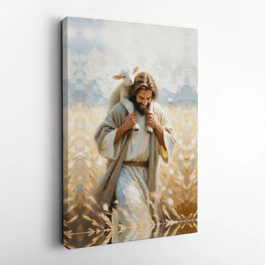 Jesus The Good Shepherd Canvas | Carrying Lost Lamb Religious Art | Premium Gallery Wrapped Print | Christian Home Decor Gift
