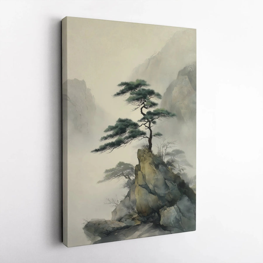 Japanese Pine Tree Canvas Wall Art | Misty Mountain Ink Wash Landscape | Premium Gallery Wrap Decor | Zen Meditation Office Wall Decor