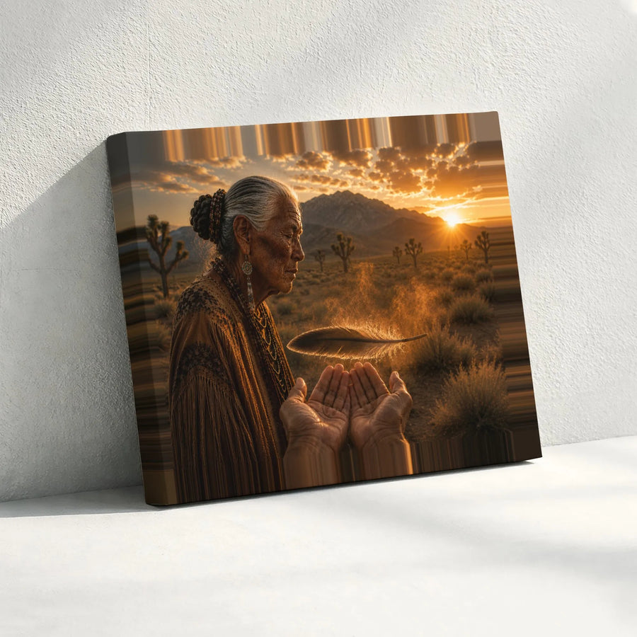 Native American Elder Horizontal Canvas | Floating Feather Sunset Desert Art | Premium 1.25" Gallery Wrap Frameless Wall Art | Spiritual Indigenous Culture Gift