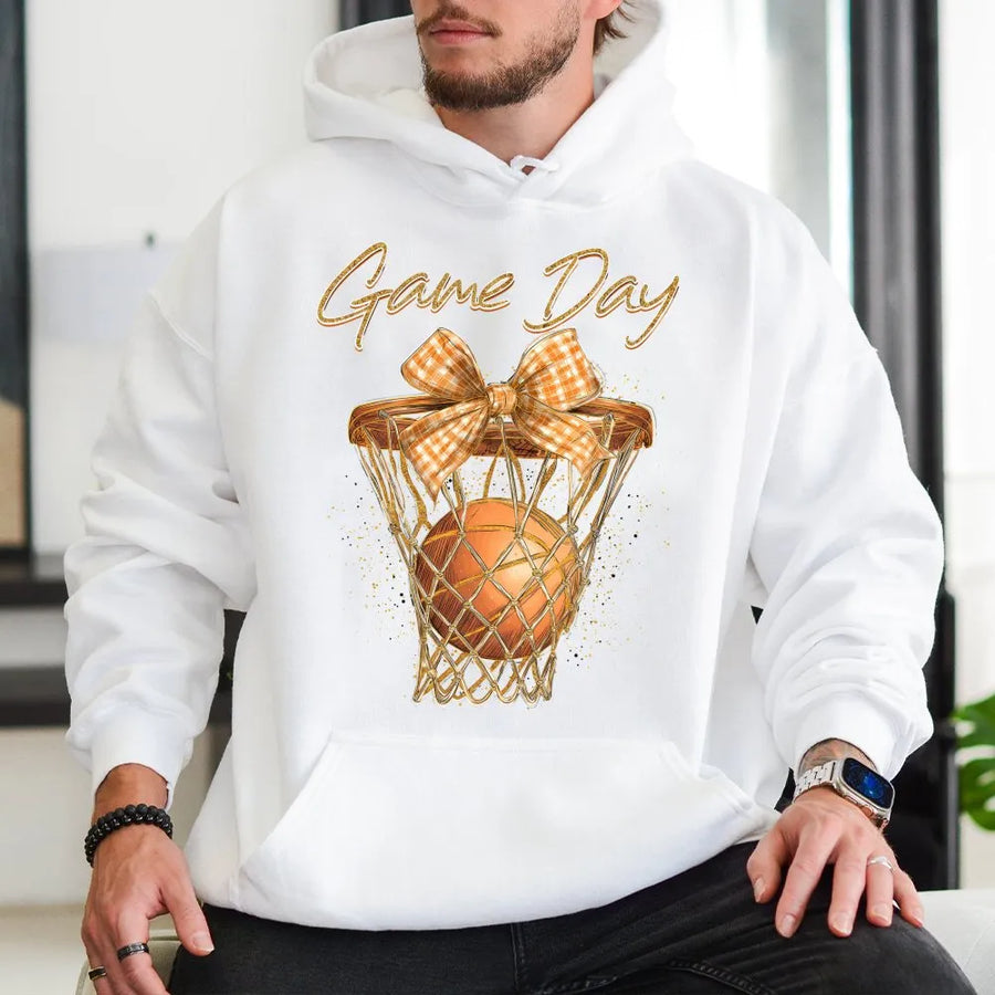 Game Day Basketball Hoodie | Coquette Gingham Bow Aesthetic | Premium Cotton Blend | Gift for Basketball Moms and Sports Fans