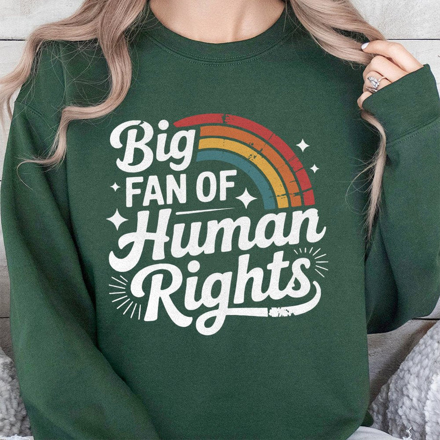 Big Fan Of Human Rights Sweatshirt | Retro Rainbow Aesthetic Graphic | Premium Cotton Blend | Equality Activist Gift For Social Justice Advocates