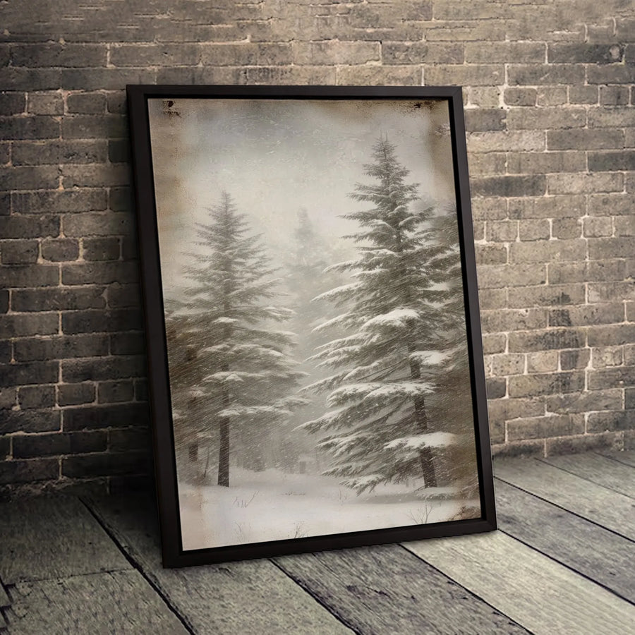 Winter Pine Forest Canvas Print | Vintage Snowy Tree Wall Art | Premium Gallery Wrapped Decor | Nature Lover Cabin Gift