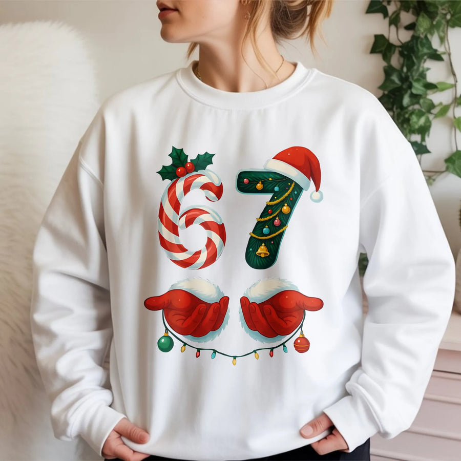 67 Christmas Sweatshirt | Candy Cane and Pine Graphic | Premium Cotton Blend | Funny Holiday Gift for Gen Alpha and Internet Meme Fans