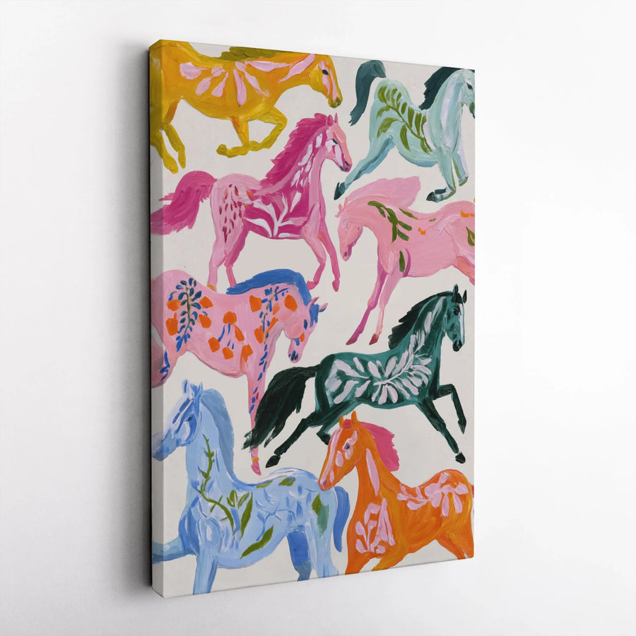 Colorful Horses Vertical Canvas | Vibrant Equestrian Illustration | Premium Gallery Wrapped Wall Art | Boho Home Decor Gift for Horse Lover