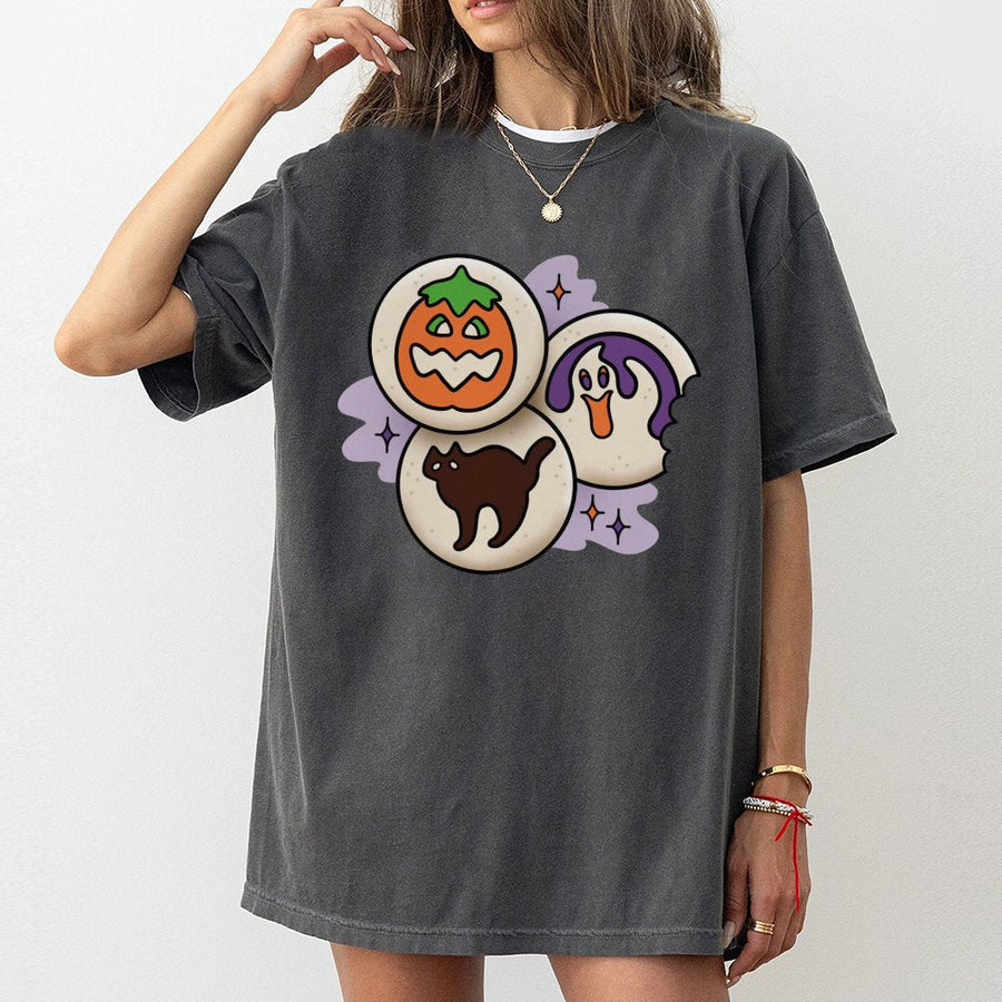 Halloween Sugar Cookie T-Shirt | Cute Spooky Ghost Cat Pumpkin Graphic | Premium Soft Cotton Tee | Spooky Season Gift For Halloween Lovers