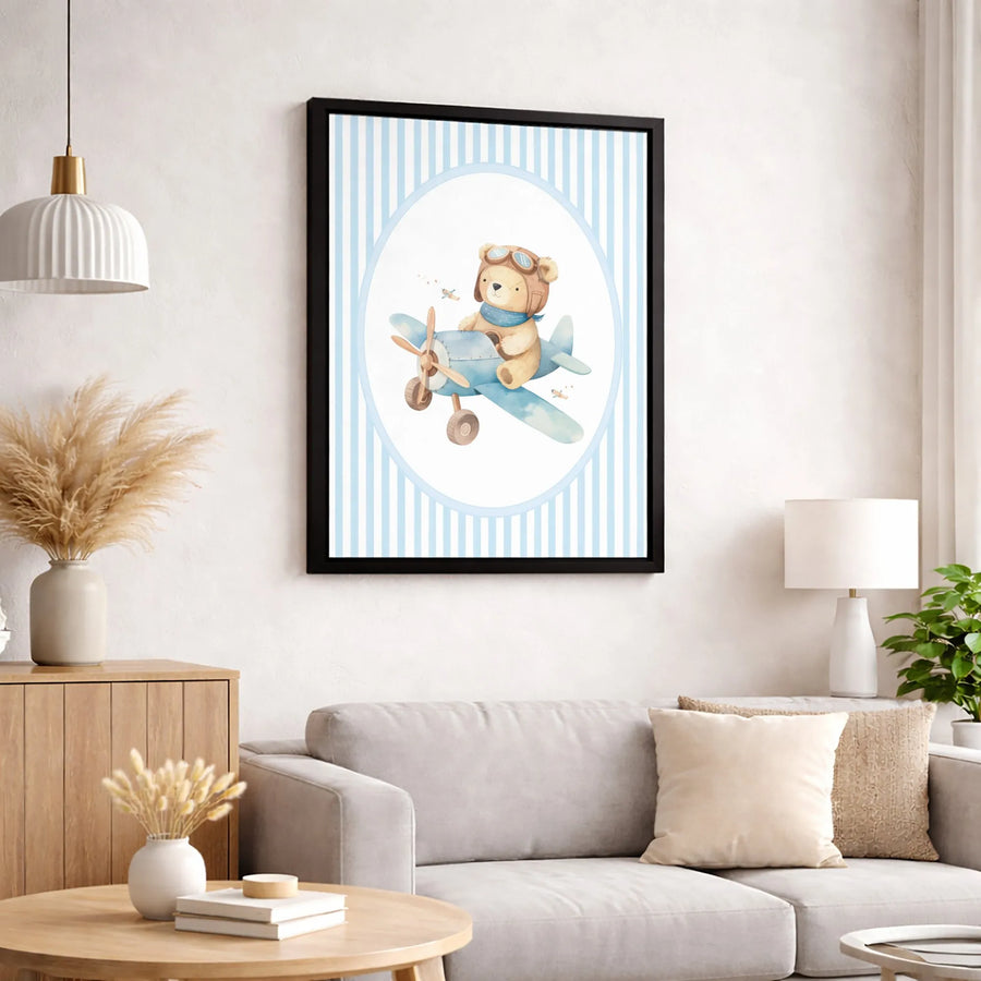 Baby Boy Nursery Wall Art | Cute Teddy Bear Pilot Flying Airplane | Premium Gallery-Wrap Canvas | Charming Baby Shower Gift