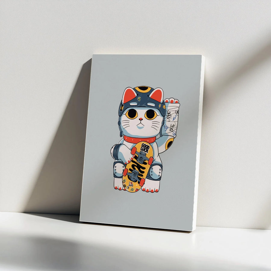 Unlucky Skater Cat Vertical Canvas | Cartoon Maneki Neko with Skateboard | Premium Gallery Wrap Wall Art | Unique Collector's Gift for Home Decor