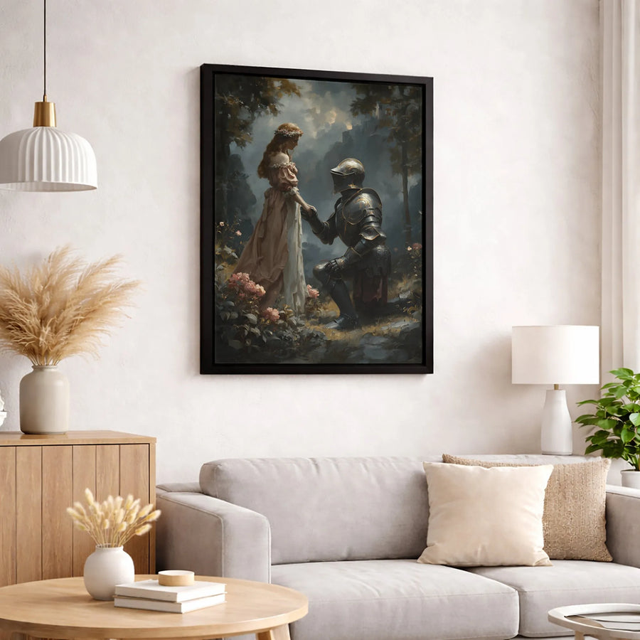 Knight Kneeling Before Princess Canvas | Romantic Medieval Fantasy Wall Art | Premium Gallery Wrapped Print | Wedding Anniversary Gift for Her