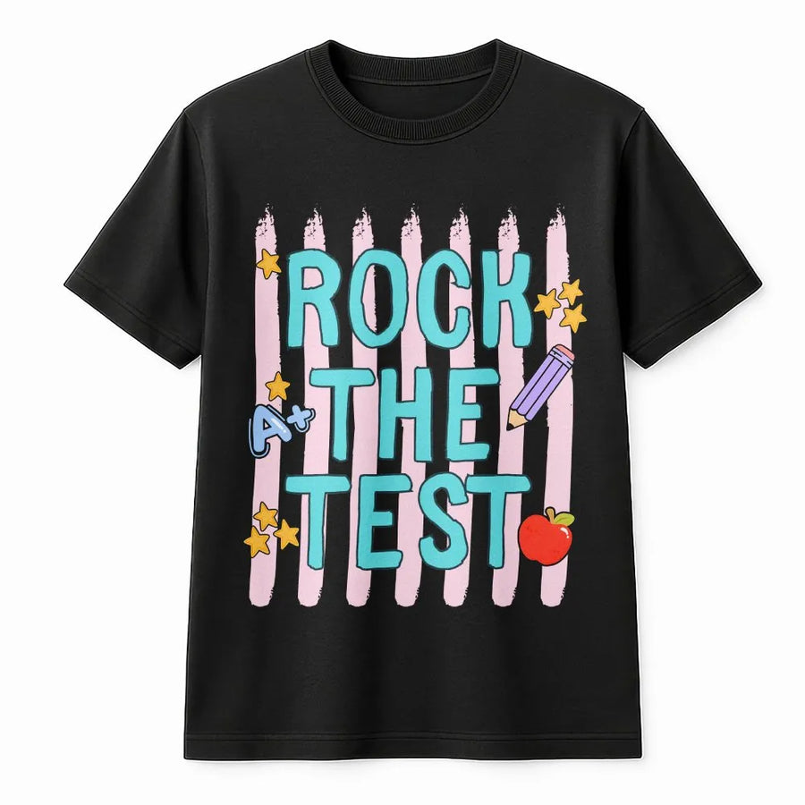 Rock The Test Shirt | Teacher Testing Day Graphic Tee | Soft Cotton Unisex Top | Motivational Gift for Students & Educators