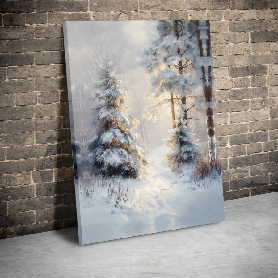 Winter Forest Canvas Wall Art | Snowy Pine Tree Landscape Oil Painting | Gallery Wrapped Premium Decor | Serene Nature Print for Living Room