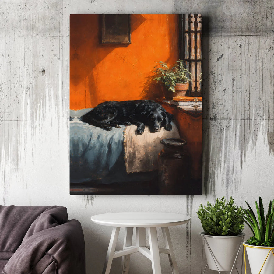 Black Dog Oil Painting Canvas | Resting Dog Sunlit Room Wall Art | Premium Gallery-Wrapped Print | Cozy Home Decor Gift for Dog Lovers
