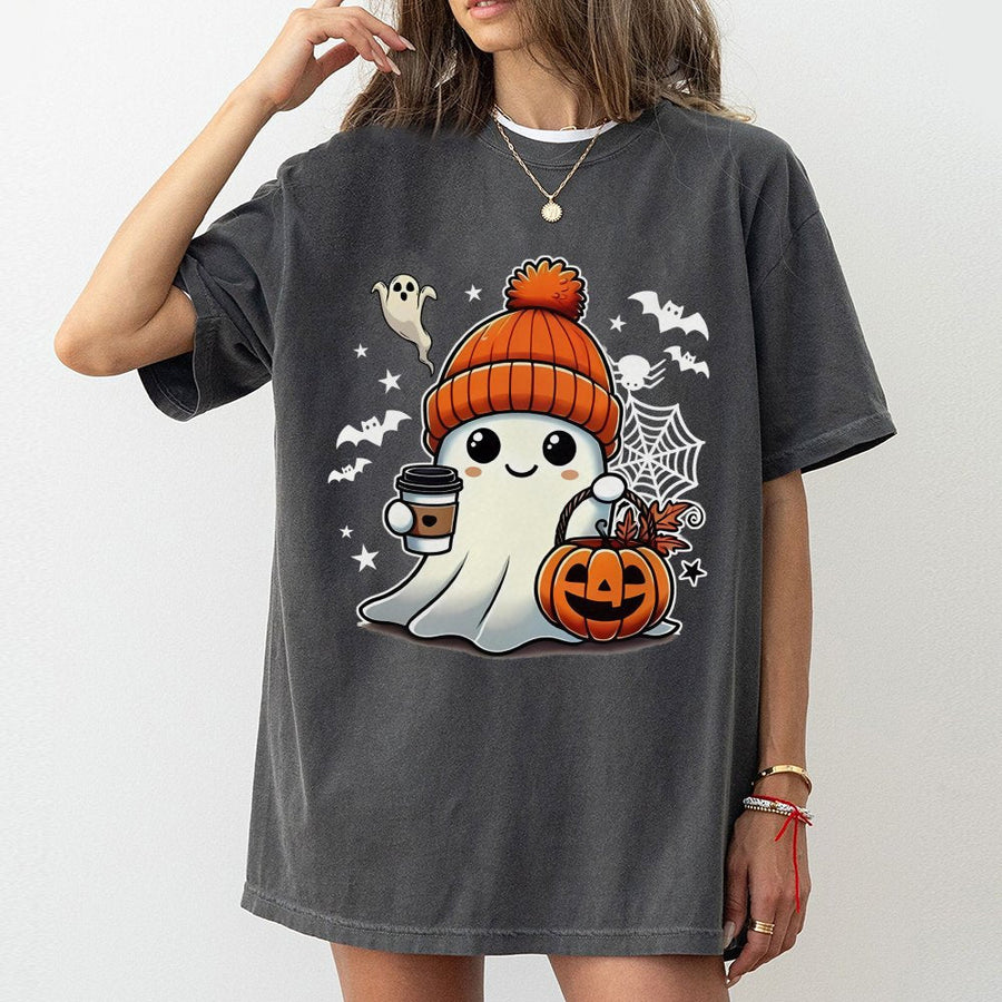 Cute Ghost T-Shirt | Halloween Pumpkin Coffee Graphic Tee | Premium 100% Cotton Shirt | Spooky Season Gift For Coffee Lovers