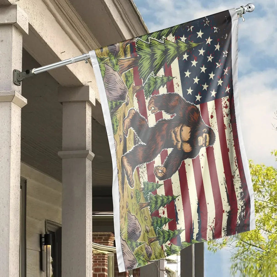 Bigfoot American Flag House Flag | Vintage Patriotic Bigfoot Forest Scene | Double-Sided Polyester | Outdoor Decor Gift for Sasquatch Fans