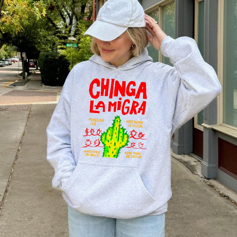 Chinga La Migra Hoodie | Activist Cactus Middle Finger Graphic | Cotton-Poly Blend Sweatshirt | Social Justice Protest Gift For Adults
