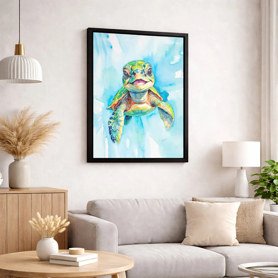 Baby Sea Turtle Wall Art | Vibrant Watercolor Coastal Decor | Premium Gallery Wrap Canvas | Nursery Or Bathroom Gift For Ocean Lovers