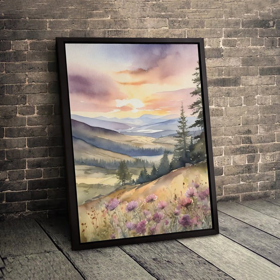 Watercolor Mountain Landscape Canvas | Sunset Wildflower Meadow Wall Art | Gallery Quality 1.25” Deep Frame | Nature Decor Gift for Home