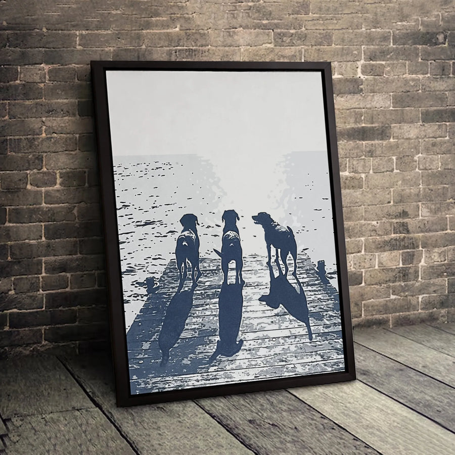 Three Dogs On Dock Wall Art | Silhouette Lake View Canvas Print | Premium Gallery-Wrapped Decor | Dog Lover Gift for Home Office