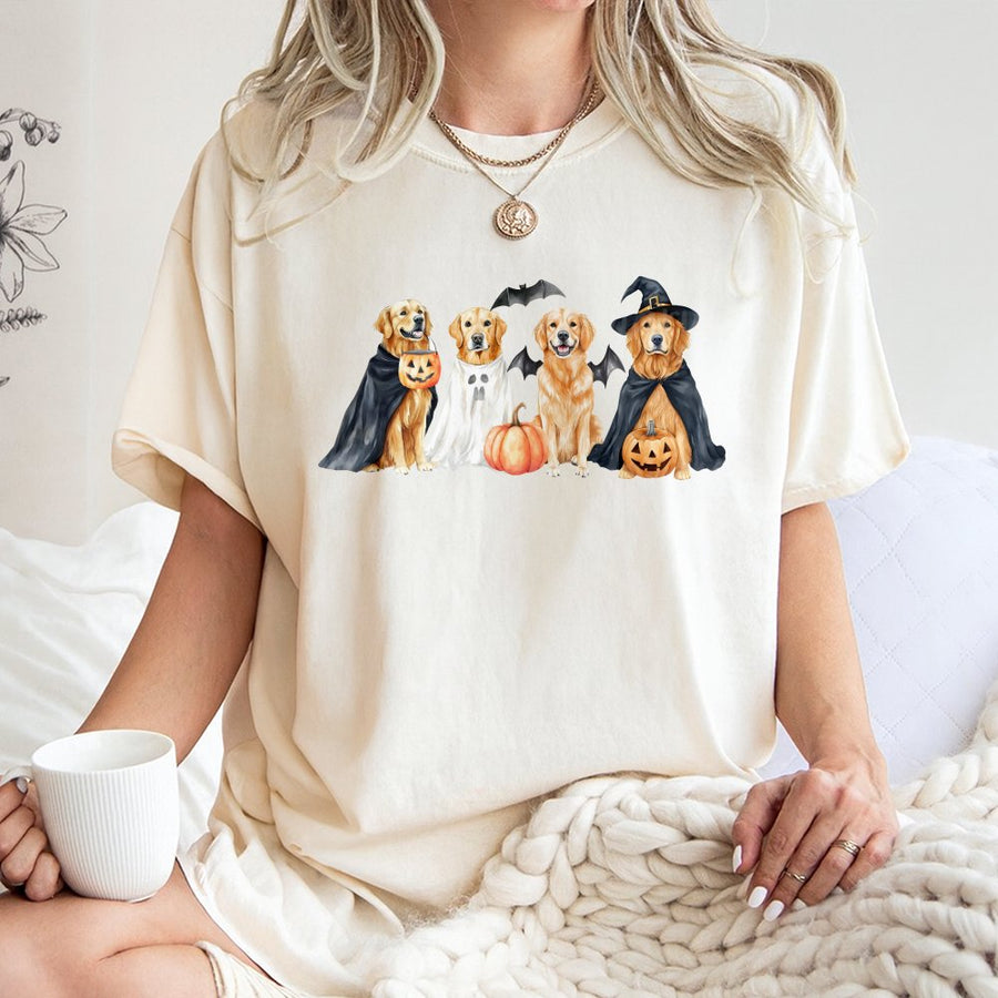 Golden Retriever Halloween T-Shirt | Cute Dogs in Spooky Costumes Graphic | 100% Cotton Premium Tee | Dog Mom Fall Gift for Golden Retriever Lovers
