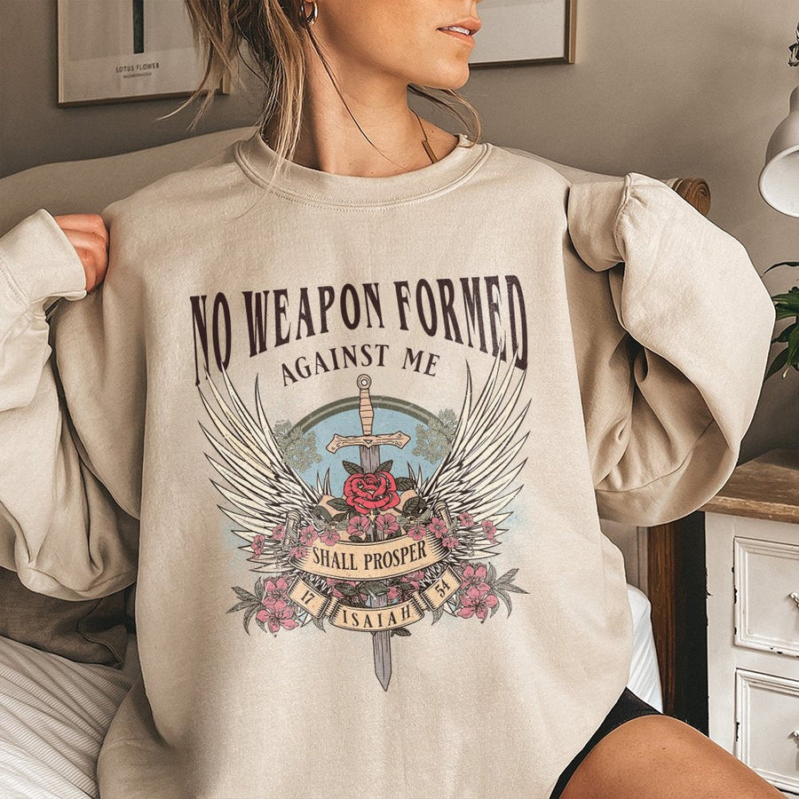 No Weapon Formed Against Me Sweatshirt | Isaiah 54:17 Bible Verse Apparel | Premium Cotton Blend Christian Gift | Unisex Religious Faith Sweater