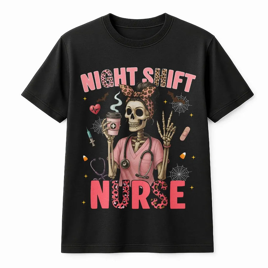 Night Shift Nurse T-Shirt | Skeleton with Leopard Bow and Coffee | Soft Cotton Tee | Funny Halloween Gift for ICU Nurse