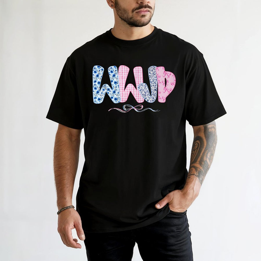 WWJD T-Shirt | Floral Checkered Coquette Bow Aesthetic | 100% Cotton Premium Comfort | Christian Faith Gift for Women
