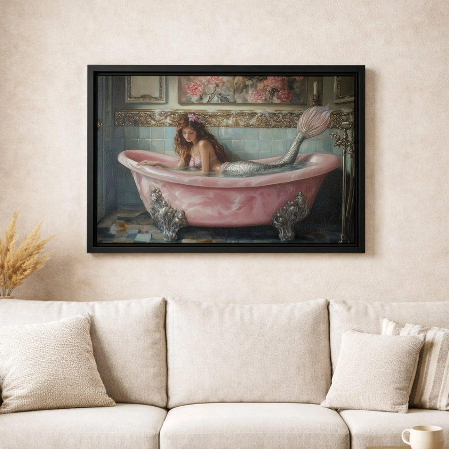 Mermaid in Bathtub Wall Art | Romantic Pink Clawfoot Bath Canvas Print | Premium Gallery Wrap Decor | Whimsical Bathroom Gift for Her