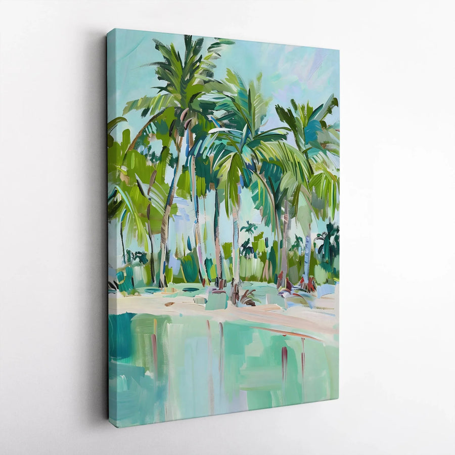 Tropical Palm Trees Vertical Canvas | Abstract Beach Scene Painting | Premium Canvas Print | Modern Coastal Home Decor Gift