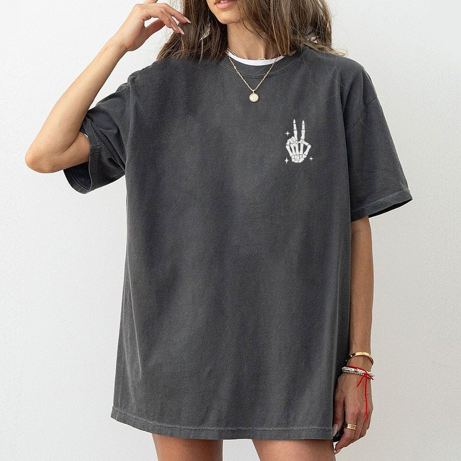 Skeleton Peace Sign T-Shirt | Edgy Hand Gesture Graphic Tee | 100% Cotton Premium Quality | Aesthetic Streetwear Gift For Men And Women