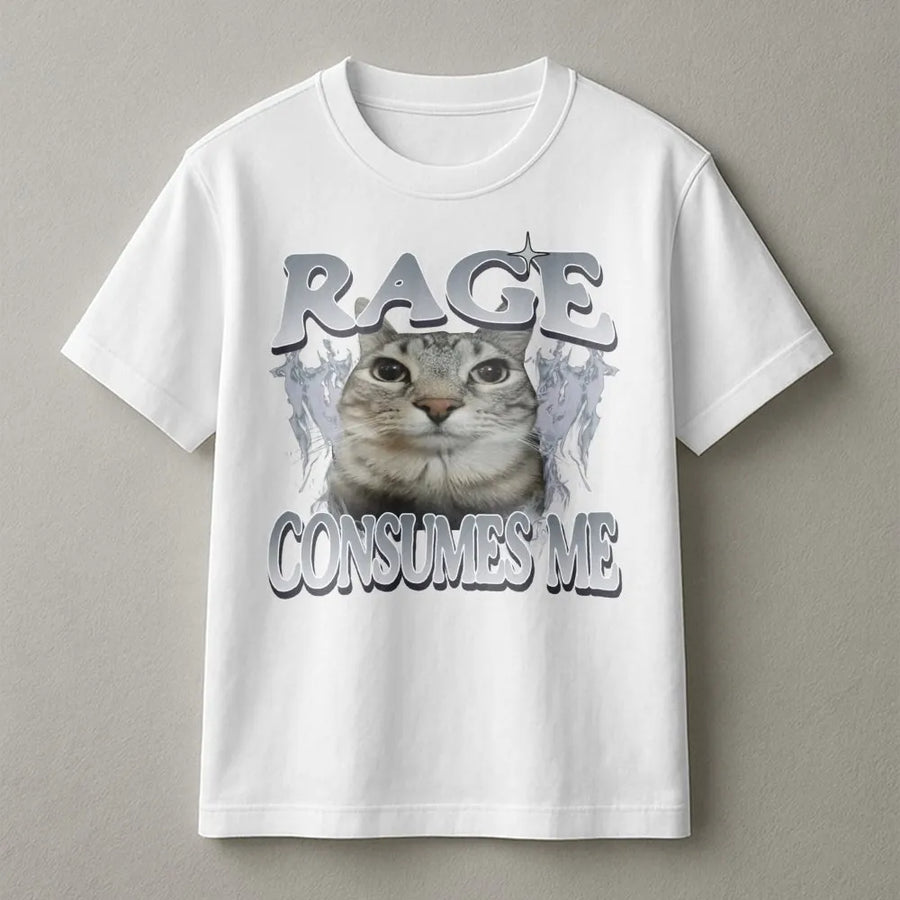 Rage Consumes Me Cat T-Shirt | Funny Viral Internet Meme Graphic Tee | Premium Cotton Aesthetic Apparel | Gift for Cat Lovers & Meme Fans