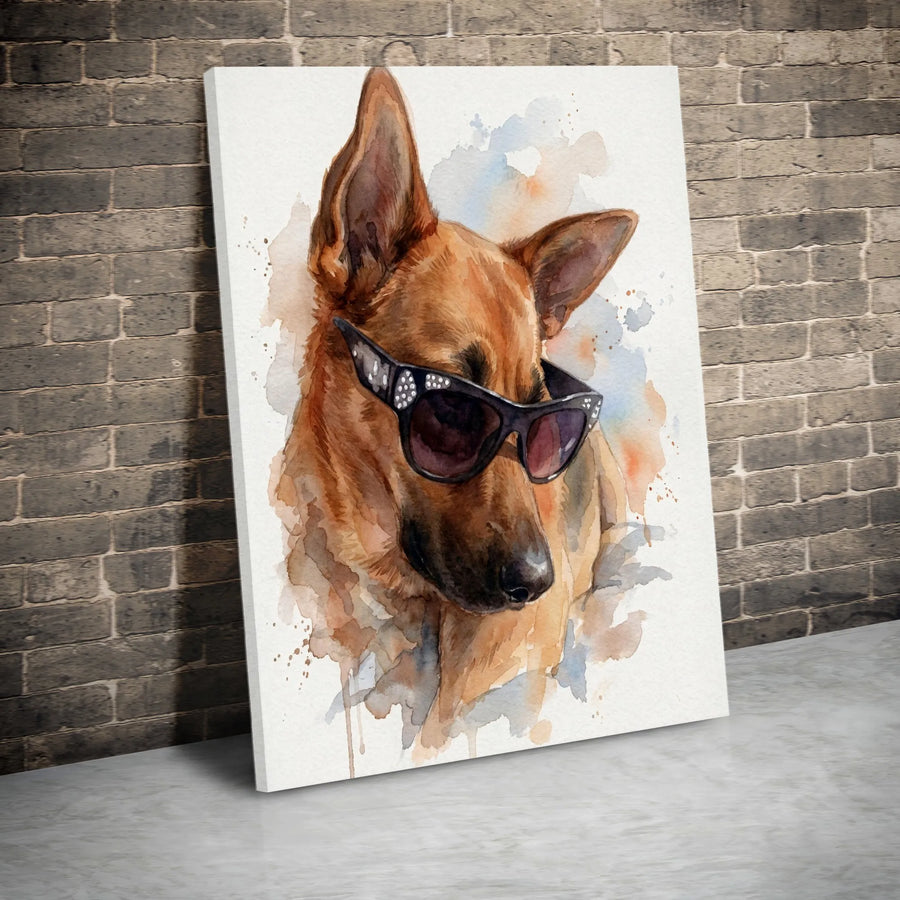 German Shepherd Wall Art | Watercolor Dog in Rhinestone Sunglasses | Premium Gallery-Wrap Canvas Print | Unique Dog Lover Gift