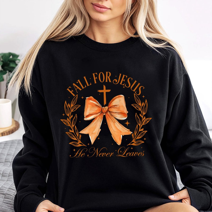 Fall For Jesus Sweatshirt | Christian Autumn Coquette Bow Graphic | Premium Cotton Blend | Faith-Based Gift For Her