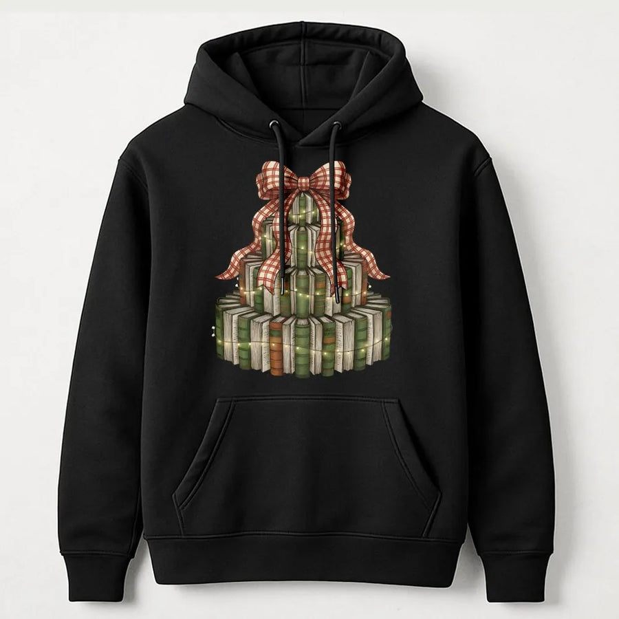 Christmas Book Tree Hoodie | Festive Library Stack Graphic | Premium Cotton Blend Cozy Sweatshirt | Gift for Librarian Teacher Reader
