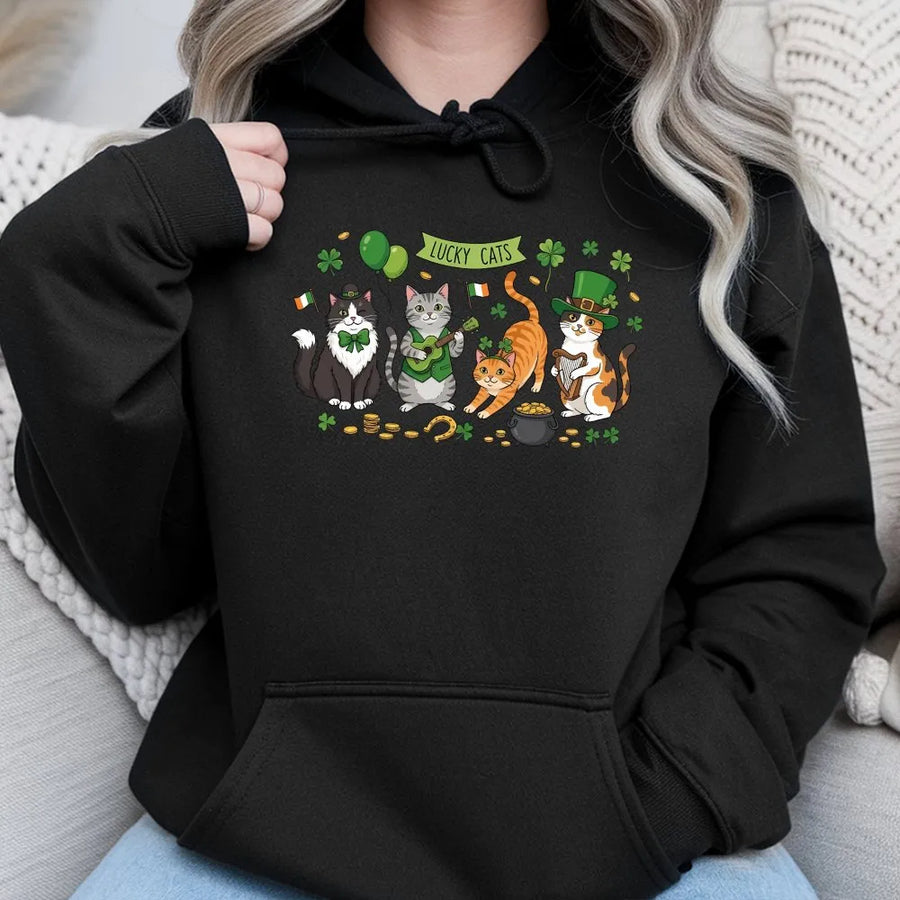 Lucky Cats St Patricks Day Hoodie | Cute Irish Kitten Graphic Print | Premium Cotton Blend Sweatshirt | Fun Gift for Cat Moms and Animal Lovers