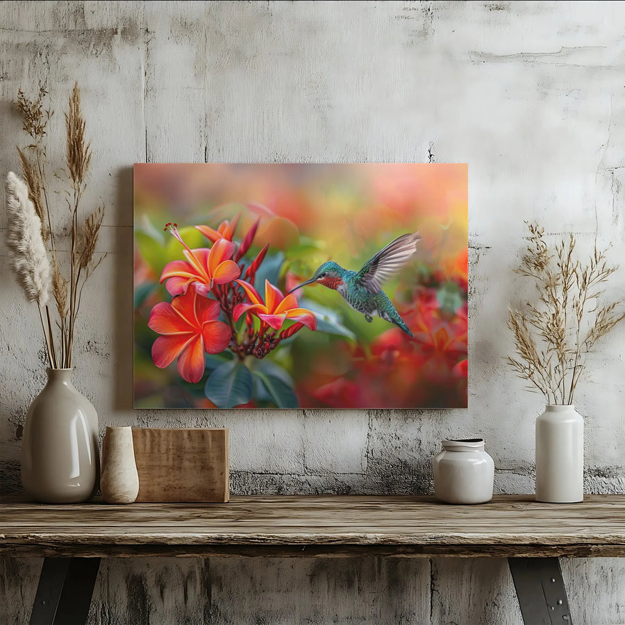 Hummingbird and Flower Canvas Wall Art | Vibrant Tropical Plumeria Scene | Premium Gallery Wrapped Canvas | Nature Lover Gift for Home Decor