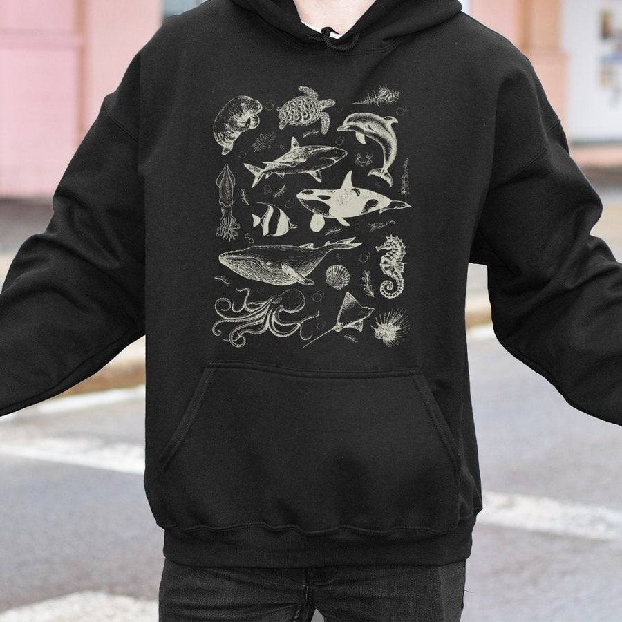 Marine Life Hoodie | Retro Ocean Sea Animal Sketch Art | Premium Cotton-Blend Pullover | Nature Lover Gift for Men & Women