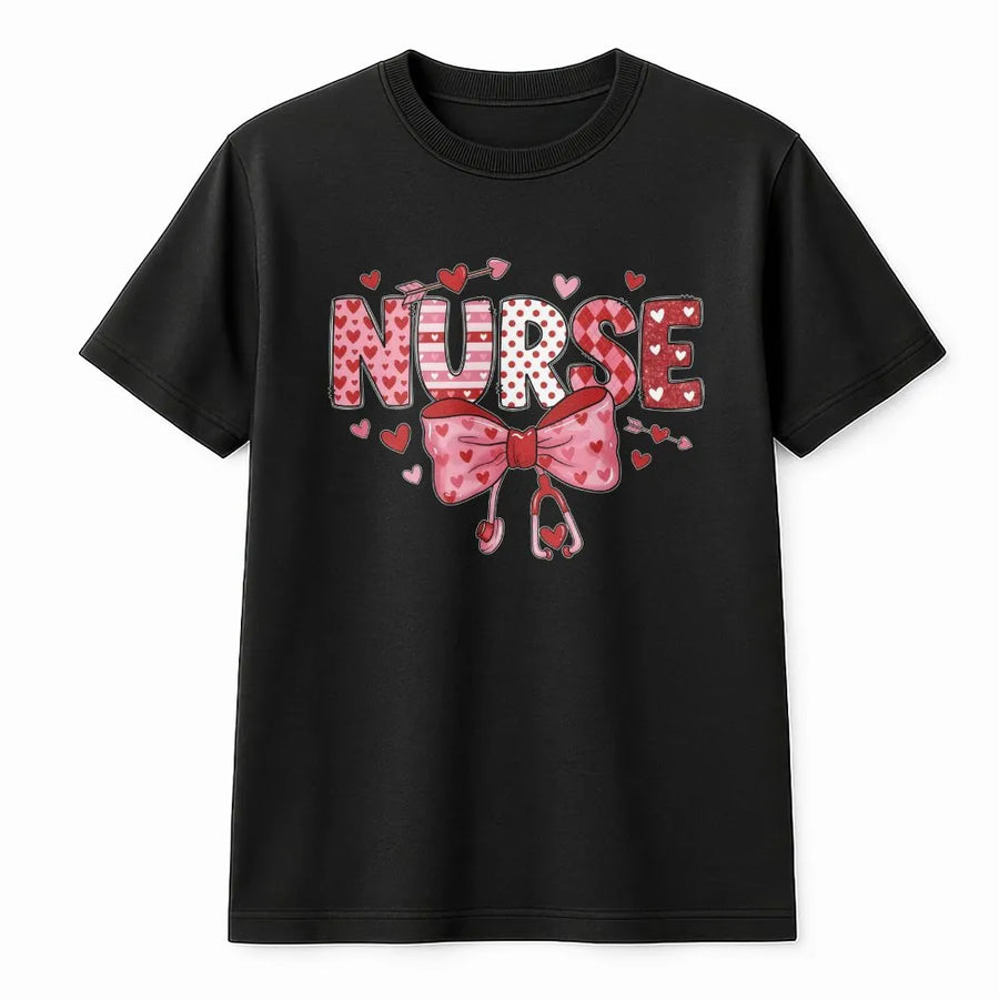 Valentine Nurse T-Shirt | Cute Coquette Bow Heart Stethoscope Design | 100% Soft Cotton Premium Tee | Unique Valentines Day Gift for Nurses