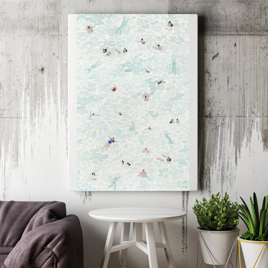 Aerial Swimming Pool Vertical Canvas | Watercolor People Swimming Illustration | Premium Gallery Wrap Canvas | Modern Coastal Wall Decor Gift