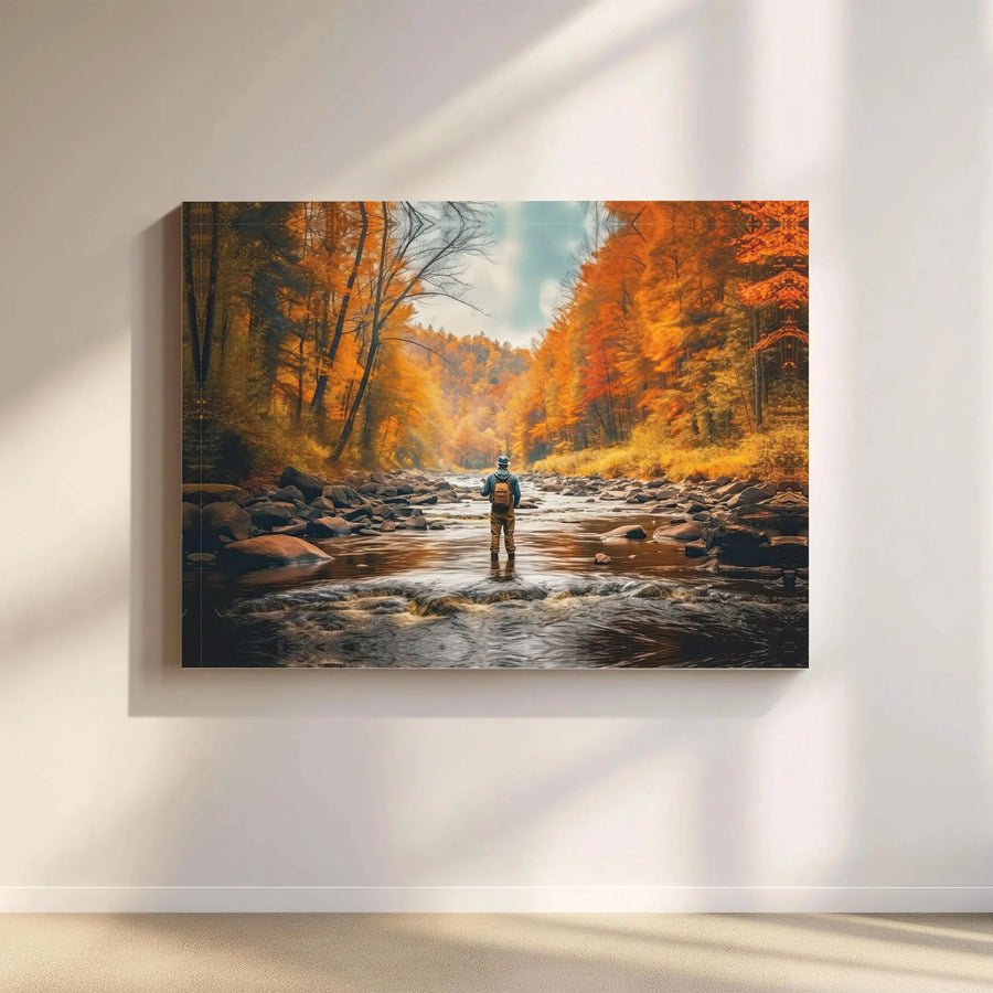 Fly Fishing River Canvas Wall Art | Autumn Forest Landscape Print | Premium Gallery Wrap | Cabin Decor Gift for Fisherman