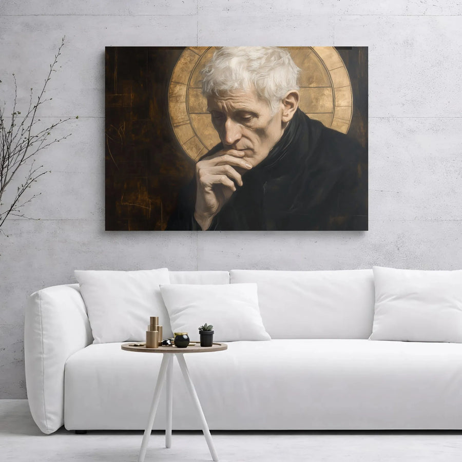 Philosopher Portrait Canvas Print | Pensive Elderly Man with Gold Halo | Gallery Wrapped Premium Wall Art | Thoughtful Home Office Decor Gift