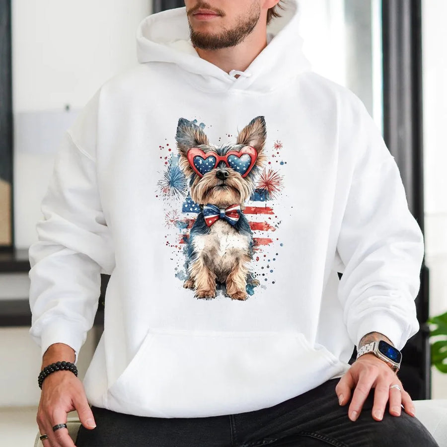 Patriotic Dog Hoodie | Watercolor Pup with USA Flag Sunglasses | Premium Cotton-Blend Sweatshirt | 4th of July Gift for Dog Lover
