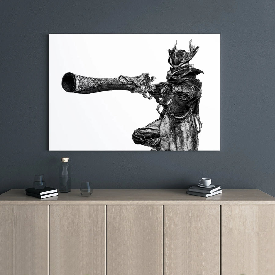 Dark Fantasy Hunter Canvas Art | Detailed Pencil Sketch Blunderbuss | 1.25 Inch Gallery Wrap | Premium Gaming Wall Decor Gift
