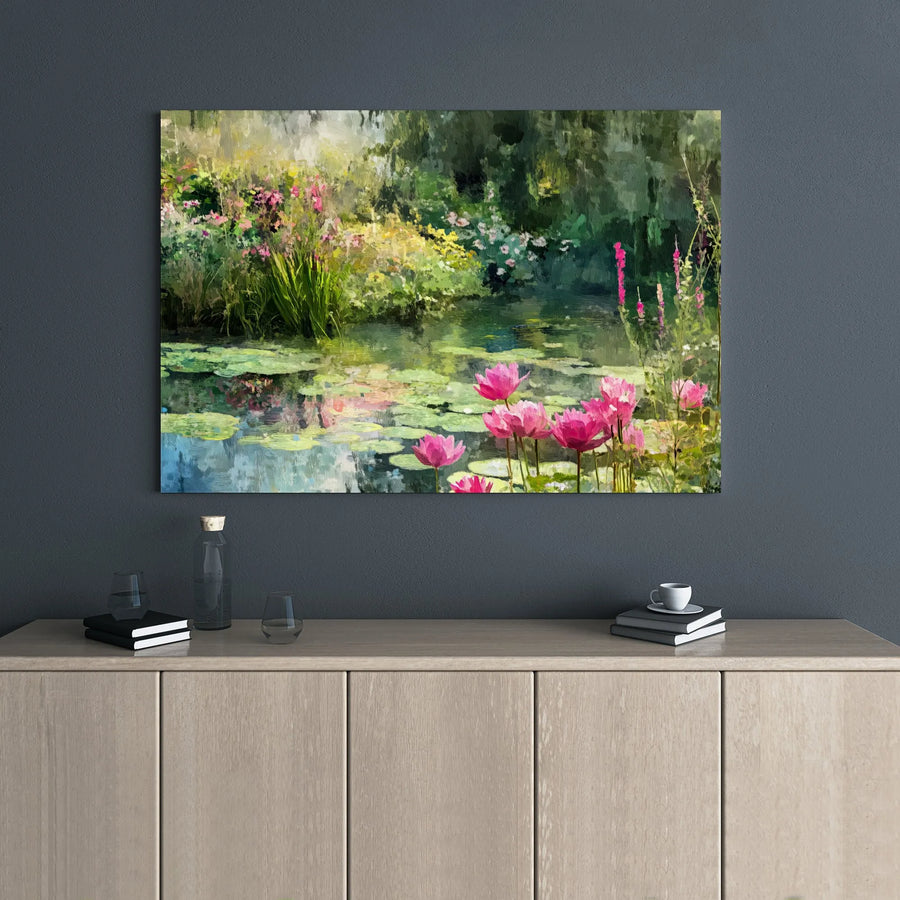Water Lily Pond Canvas Art | Impressionist Pink Floral Landscape | Premium Gallery Wrapped Wall Decor | Serene Nature Painting for Living Room