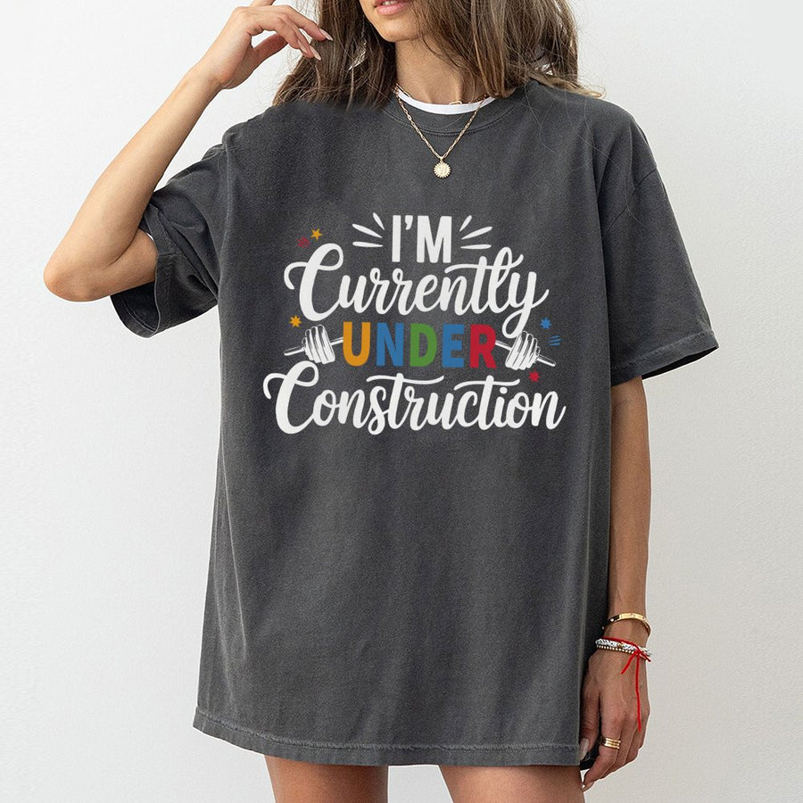 I'm Currently Under Construction Gym T-Shirt | Weightlifting Barbell Graphic Print | 100% Cotton Premium Tee | Funny Workout Gift for Fitness Lovers