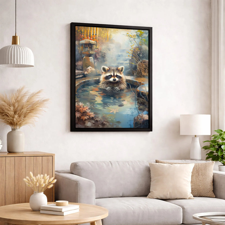 Raccoon Canvas Wall Art | Japanese Onsen Hot Spring Bathing Aesthetic | Premium Fade-Resistant Gallery Wrap | Whimsical Animal Nature Decor Gift